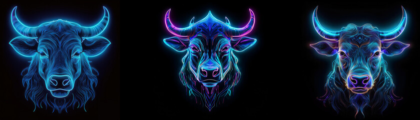 Aufkleber - Three glowing bull heads with neon colors.