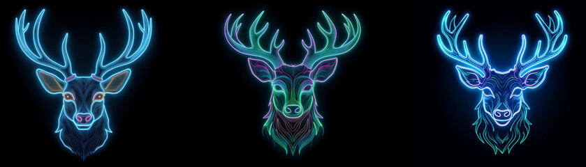 Aufkleber - Three neon deer heads with antlers in blue, green, and purple hues.