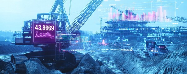 Poster - A futuristic digital construction site with holographic data visualizations and interactive display