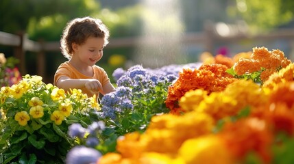 A young child joyfully explores a vibrant garden filled with colorful flowers, AI