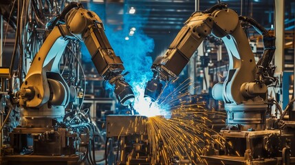 Poster - Industrial robotic arms performing welding in factory setting