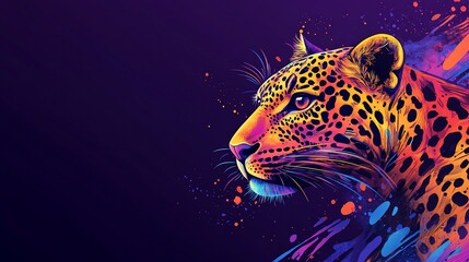 A vibrant, colorful illustration of a leopard's head against a purple background. The leopard is rendered in bright, neon colors, with splashes of paint surrounding it.