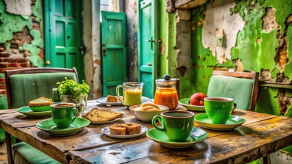 Urban Exploration Breakfast Scene - Green Tableware