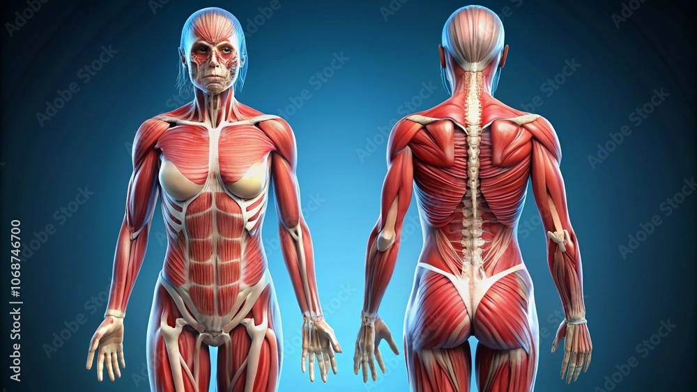 Highlight Muscles A detailed 3D rendered image showcasing the front and back of a woman's ...