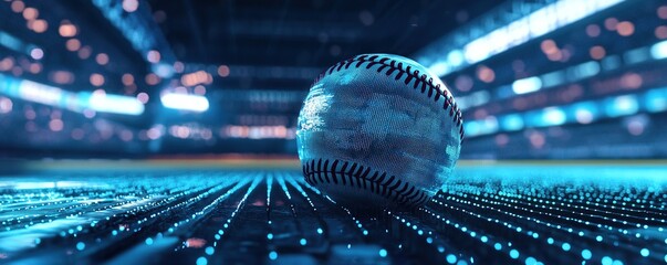 A futuristic baseball with holographic projections and lights