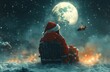 © Georgii - A young girl in a Santa hat holding a gift gazes at the winter moonlit night beneath falling snowflakes, evoking a sense of magical Christmas wonder and enchantment.