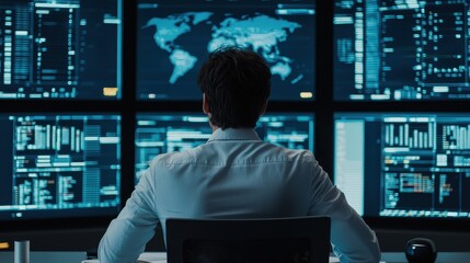 Poster - A focused individual analyzes data on multiple screens in a high-tech control room, showcasing a modern approach to information management.