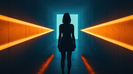 Poster - A silhouetted figure stands at the end of a brightly lit corridor, flanked by vibrant orange beams against a deep blue background.