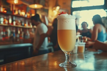 Wall Mural - Glass of Brazilian Chopp with frothy head in a lively Brazilian bar, people socializing and samba music playing.

