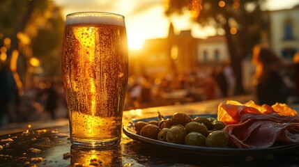 Wall Mural - Chilled Italian Lager with condensation, next to olives and prosciutto, warm sunset light in Italian piazza.

