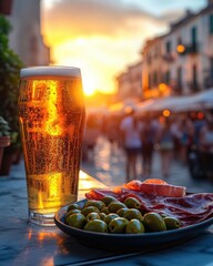 Wall Mural - Chilled Italian Lager with condensation, next to olives and prosciutto, warm sunset light in Italian piazza.

