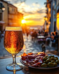 Wall Mural - Chilled Italian Lager with condensation, next to olives and prosciutto, warm sunset light in Italian piazza.

