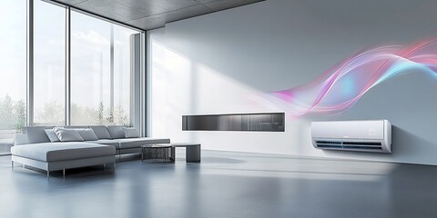 Poster - A futuristic air conditioner with a holographic display is situated in an empty room with large windows