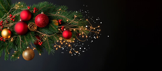 Poster - Festive Christmas Ornaments and Pine Branches on Black Festive Background. New Year or Christmas concept, banner