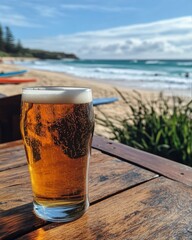 Wall Mural - Glass of Australian Pale Ale with hazy golden color on beachside table, ocean and surfboards in background.

