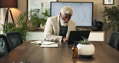 Poster - Typing, online and black man with laptop, office and graph for investment, thinking and planning. Digital, professional and trader with app, mature person and research for proposal and contemplating