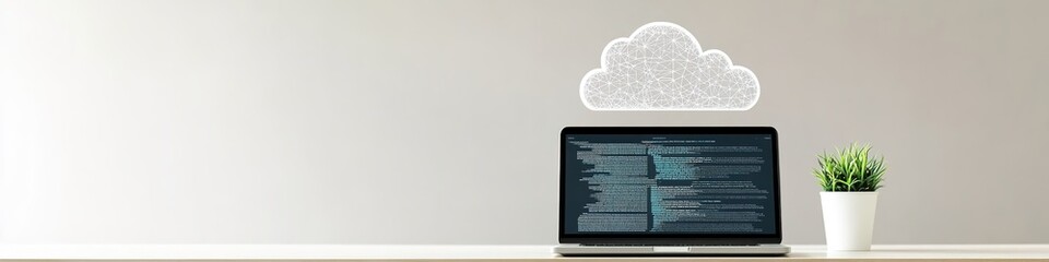 Laptop with code on screen, paper cloud, plant pot, grey backgro