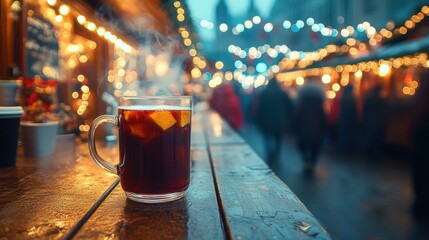 Wall Mural - Steaming mug of German Glühwein on wooden stall counter at Christmas market, with festive lights and decorations.

