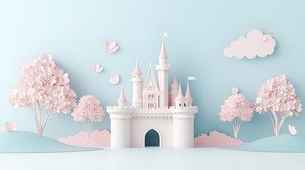 Princess castle pink flower garden background. 3D pastel watercolor illustration, paper craft cut effect abstract digital artwork. Fairy tale landscape. Birthday invitation card festive season banner.