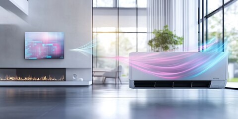 Poster - A futuristic air conditioner with a holographic display is situated in an empty room with large windows