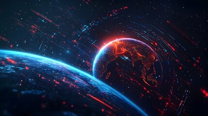 Poster - Futuristic Planet Earth with Glowing Neon Continents and Holographic Satellites in Outer Space