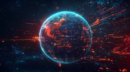 Poster - futuristic glowing planet earth with orbiting holographic satellites and digital data streams