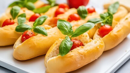 Delicious appetizers featuring soft bread, fresh tomatoes, and vibrant basil, perfect for a snack or party platter.