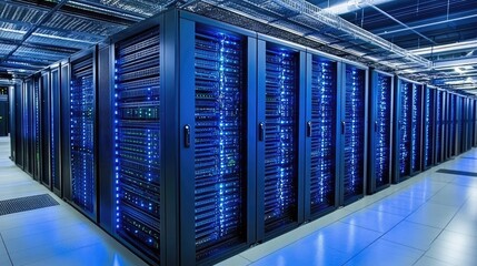 Poster - Modern Data Center with Blue LED Lights and Servers