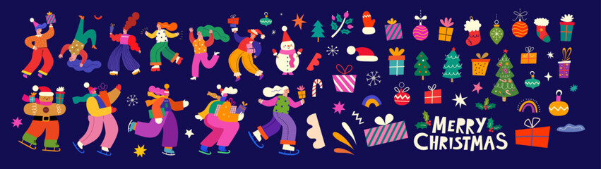 Wall Mural - merry christmas holiday elements. christmas decorative collection with fun people, christmas tree an