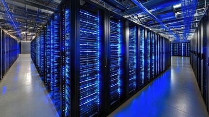 Poster - Modern Data Center with Blue Lighting Effects
