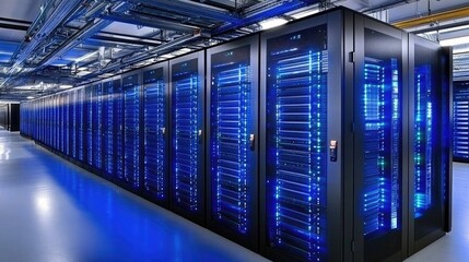 Poster - Vast Data Center with Illuminated Server Racks