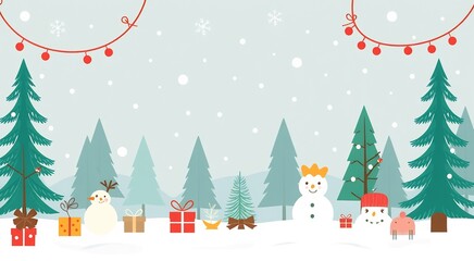 A snowy winter scene with two snowmen, presents, and Christmas trees.