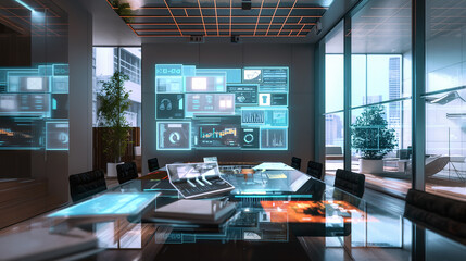 Poster - Interactive touchscreen with a digital interface for data analytics, surrounded by documents and modern office decor.