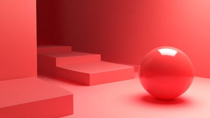 Poster - 3d render of a red sphere in a red room with stairs and shadows
