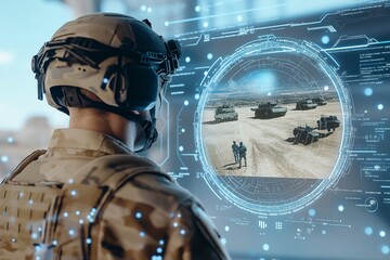 Soldier in tactical helmet observing digital holographic interface with military vehicle formations and strategy data in desert environment. Advanced augmented reality for battlefield analysis