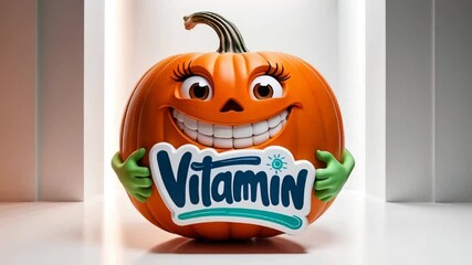 Wall Mural - Cartoon happy character pumpkin with sign inscription vitamin