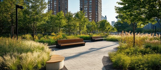 A stone pathway winds through a green urban park with two benches and lush grasses.