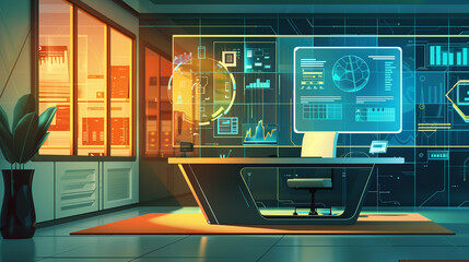  - Interactive touchscreen with a digital interface for data analytics, surrounded by documents and modern office decor.