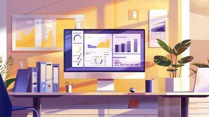 Poster - Interactive touchscreen with a digital interface for data analytics, surrounded by documents and modern office decor.