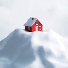 Wall Mural - A solitary red house stands out against a tranquil snowy landscape during winter, with bare trees dotting the serene white hills