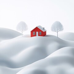 Wall Mural - A solitary red house stands out against a tranquil snowy landscape during winter, with bare trees dotting the serene white hills