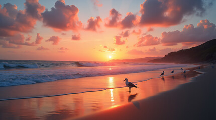 Wall Mural - A Peaceful Beach Scene With Gentle Waves, Seagulls, and a Colorful Sunset Captured With a Wide-Angle Lens, Using Warm and Vibrant Film to Create a Serene and Inviting Atmosphere