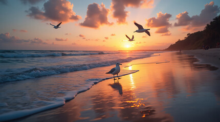 Wall Mural - A Peaceful Beach Scene With Gentle Waves, Seagulls, and a Colorful Sunset Captured With a Wide-Angle Lens, Using Warm and Vibrant Film to Create a Serene and Inviting Atmosphere