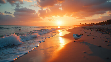 Wall Mural - A Peaceful Beach Scene With Gentle Waves, Seagulls, and a Colorful Sunset Captured With a Wide-Angle Lens, Using Warm and Vibrant Film to Create a Serene and Inviting Atmosphere