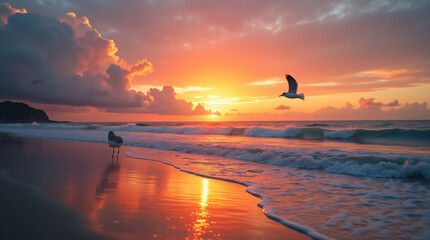 Wall Mural - A Peaceful Beach Scene With Gentle Waves, Seagulls, and a Colorful Sunset Captured With a Wide-Angle Lens, Using Warm and Vibrant Film to Create a Serene and Inviting Atmosphere