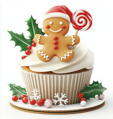 Colorful Christmas-Themed Cupcake with Gingerbread Man Holding Lollipop