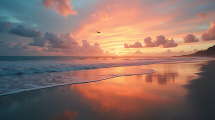 Wall Mural - A Peaceful Beach Scene With Gentle Waves, Seagulls, and a Colorful Sunset Captured With a Wide-Angle Lens, Using Warm and Vibrant Film to Create a Serene and Inviting Atmosphere