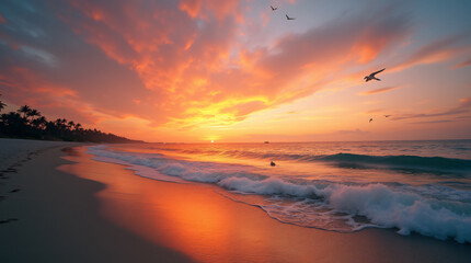 Wall Mural - A Peaceful Beach Scene With Gentle Waves, Seagulls, and a Colorful Sunset Captured With a Wide-Angle Lens, Using Warm and Vibrant Film to Create a Serene and Inviting Atmosphere