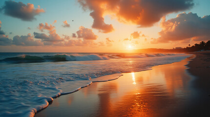 Wall Mural - A Peaceful Beach Scene With Gentle Waves, Seagulls, and a Colorful Sunset Captured With a Wide-Angle Lens, Using Warm and Vibrant Film to Create a Serene and Inviting Atmosphere