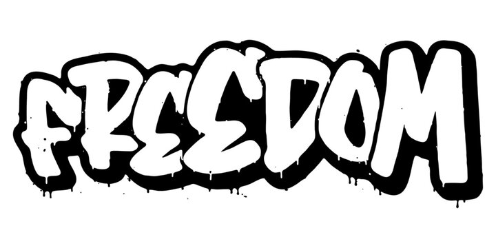 Word ‘Freedom’ written in retro three-dimensional graffiti style with dripping paint effect